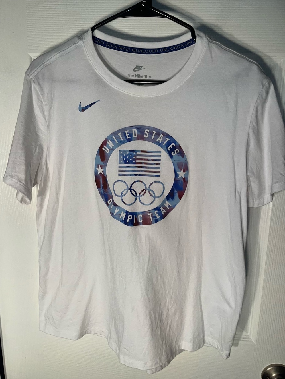 Women’s White Nike Olympic Team Tee T-Shirt Size Large L 100% Cotton